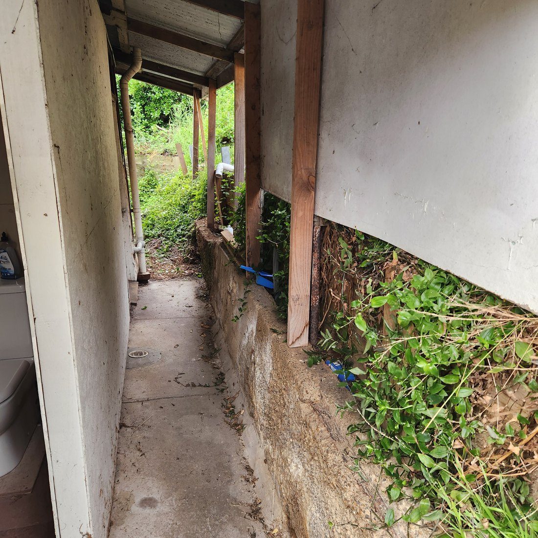 The narrow corridor between the house and the embankment
